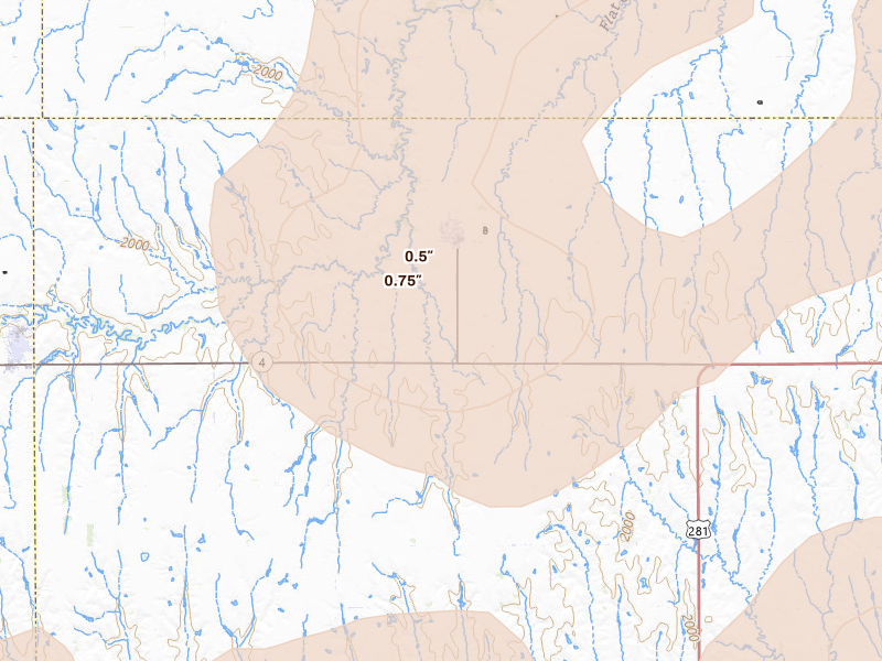 Radar-estimated hail-size map of the storm over Bladen, NE on Jul 8, 2026