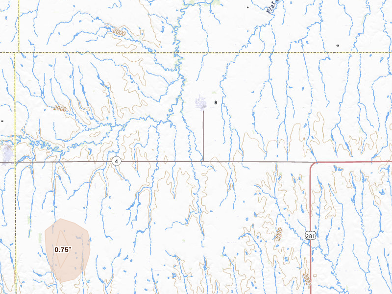 Radar-estimated hail-size map of the storm over Bladen, NE on Jul 25, 2026