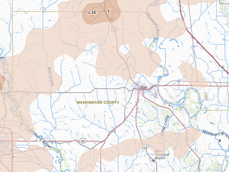 Radar-estimated hail-size map of the storm over Blair, NE on May 15, 2026