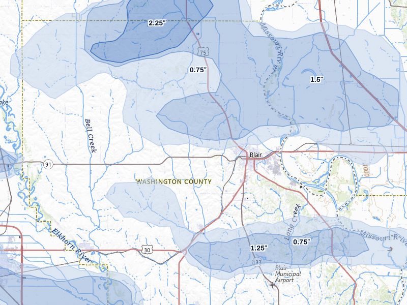 NEXRAD radar-signature map of the hail storm over Blair, NE on May 15, 2026