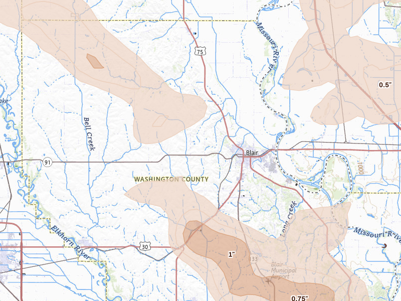 Radar-estimated hail-size map of the storm over Blair, NE on May 31, 2026