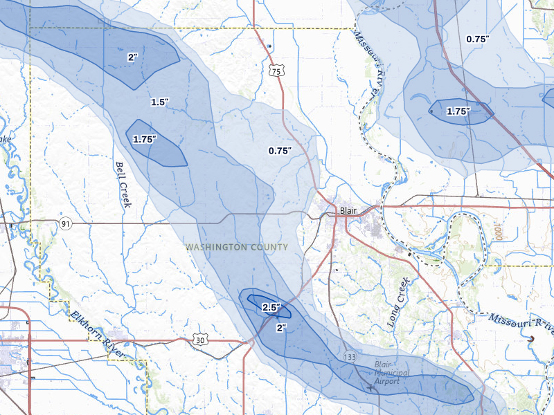 NEXRAD radar-signature map of the hail storm over Blair, NE on May 31, 2026