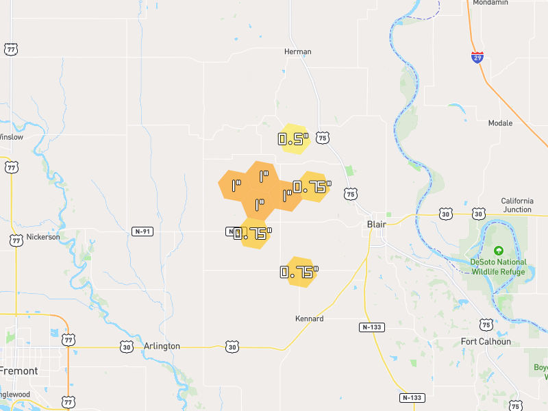 Hail map of Blair, NE on Jun 1, 2026, hail up to 1"