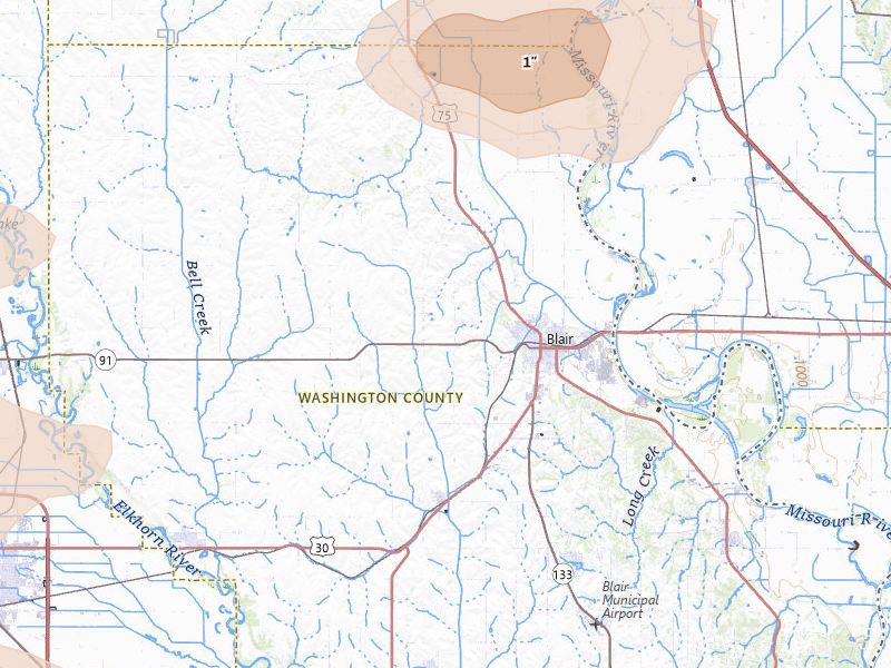 Radar-estimated hail-size map of the storm over Blair, NE on Jul 8, 2026