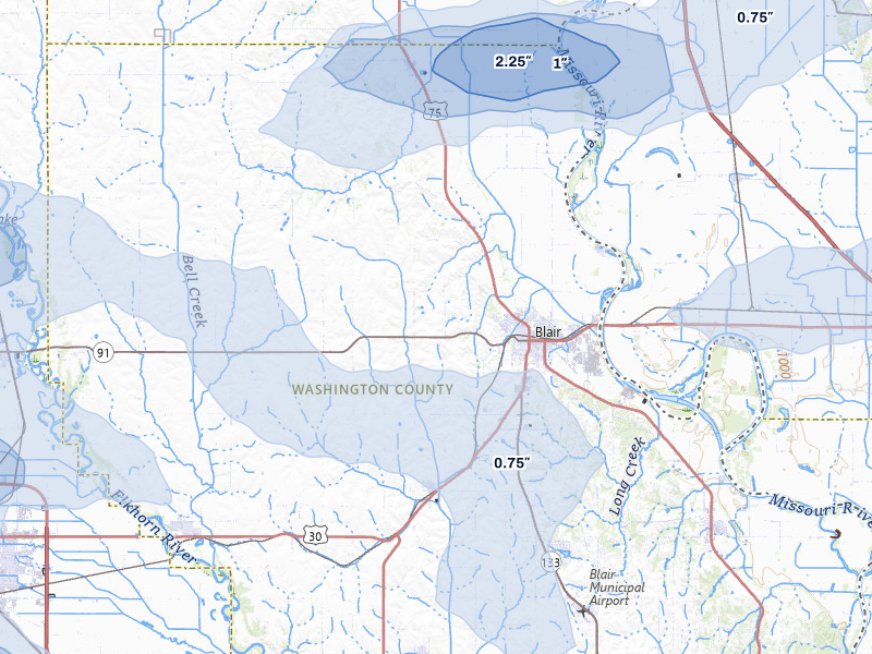 NEXRAD radar-signature map of the hail storm over Blair, NE on Jul 8, 2026