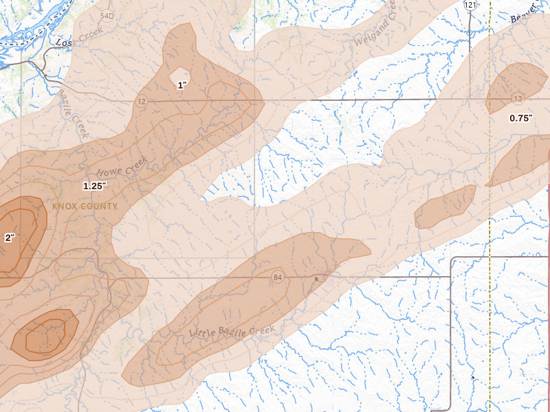 Radar-estimated hail-size map of the storm over Bloomfield, NE on Jun 29, 2026