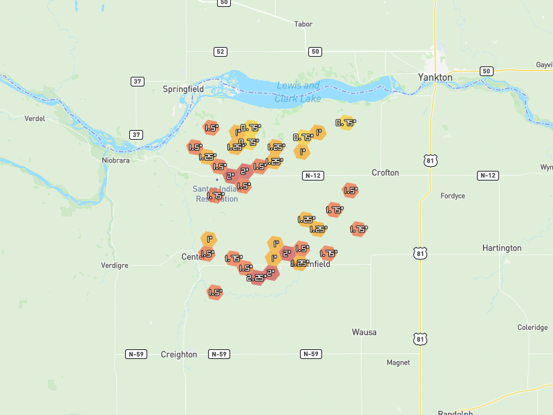 Hail map of Bloomfield, NE on Jun 30, 2026, hail up to 2.25"