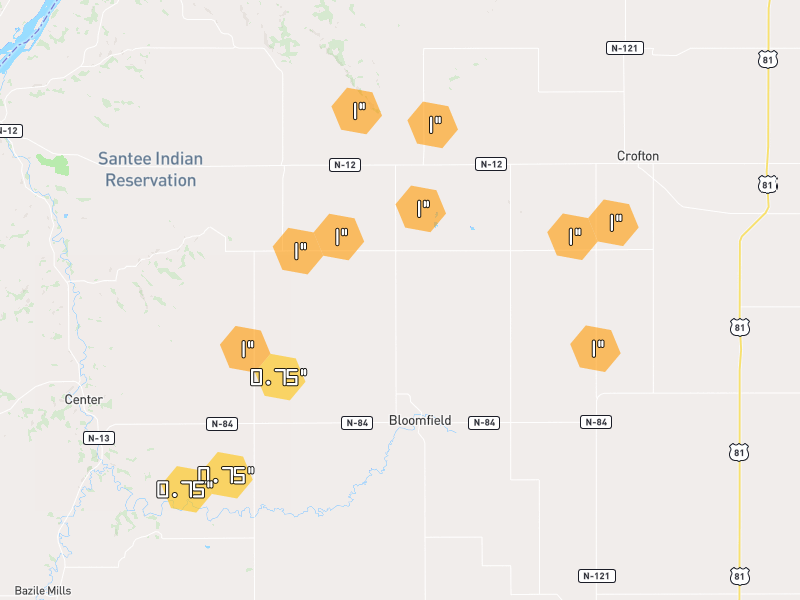 Hail map of Bloomfield, NE on Jul 1, 2026, hail up to 1"