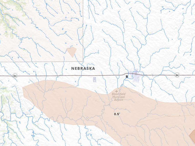 Radar-estimated hail-size map of the storm over Bloomfield, NE on Aug 11, 2026