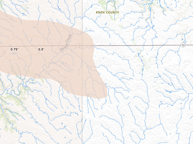 Radar-estimated hail-size map of the storm over Bloomfield, NE on Aug 23, 2026