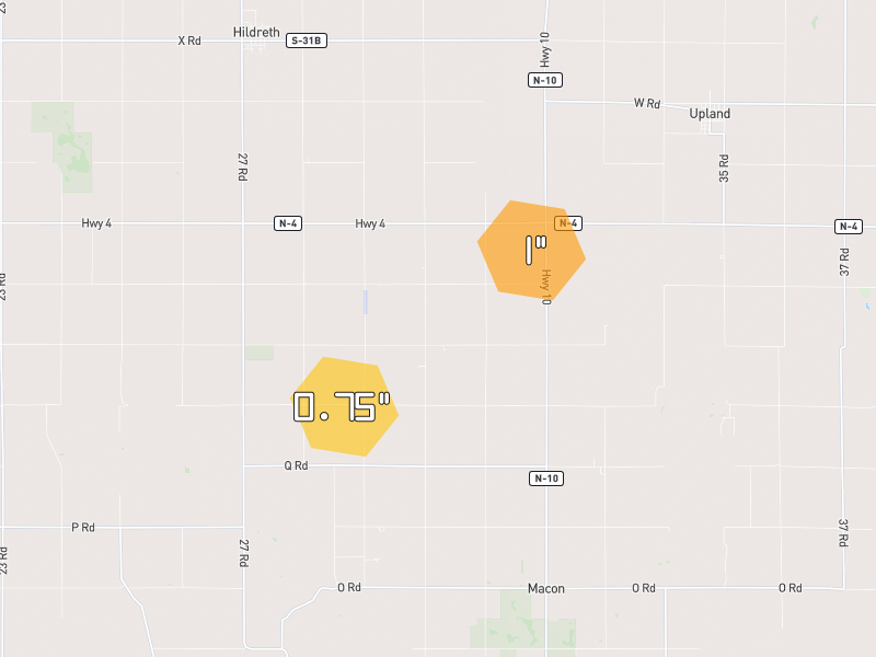 Hail map of Bloomington, NE on Jul 9, 2026, hail up to 1"
