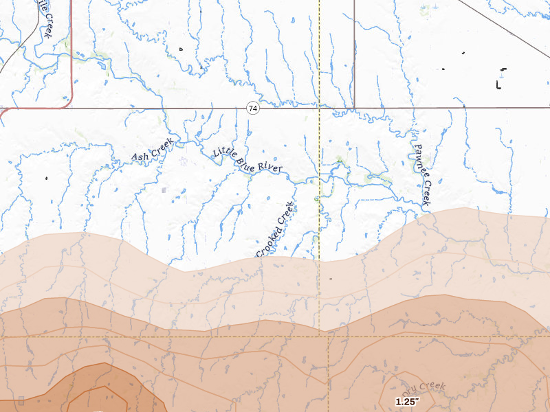 Radar-estimated hail-size map of the storm over Blue Hill, NE on May 16, 2026
