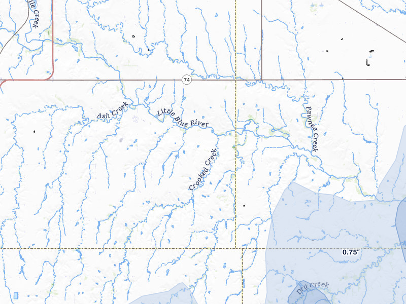 NEXRAD radar-signature map of the hail storm over Blue Hill, NE on Jun 5, 2026
