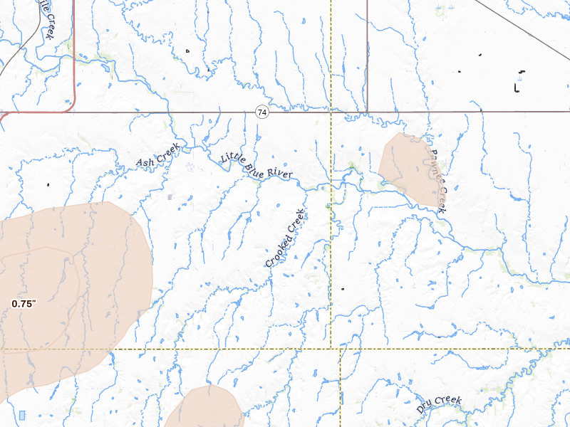 Radar-estimated hail-size map of the storm over Blue Hill, NE on Jul 8, 2026