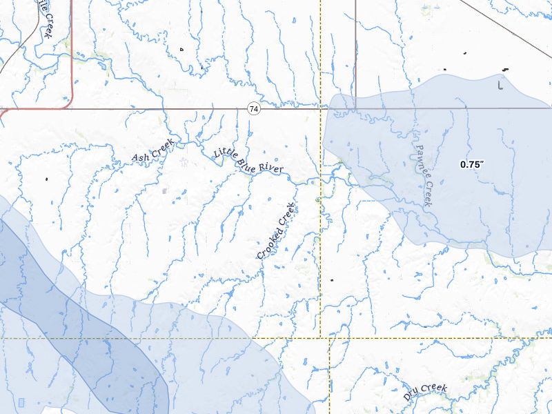 NEXRAD radar-signature map of the hail storm over Blue Hill, NE on Jul 8, 2026