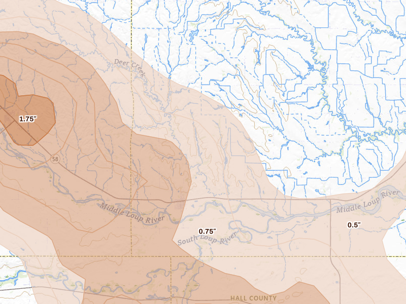 Radar-estimated hail-size map of the storm over Boelus, NE on May 16, 2026