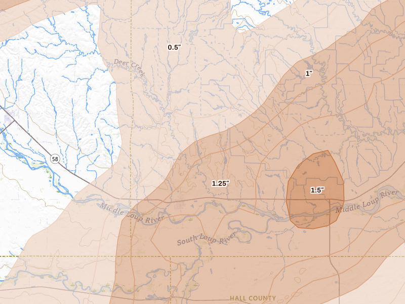 Radar-estimated hail-size map of the storm over Boelus, NE on May 17, 2026