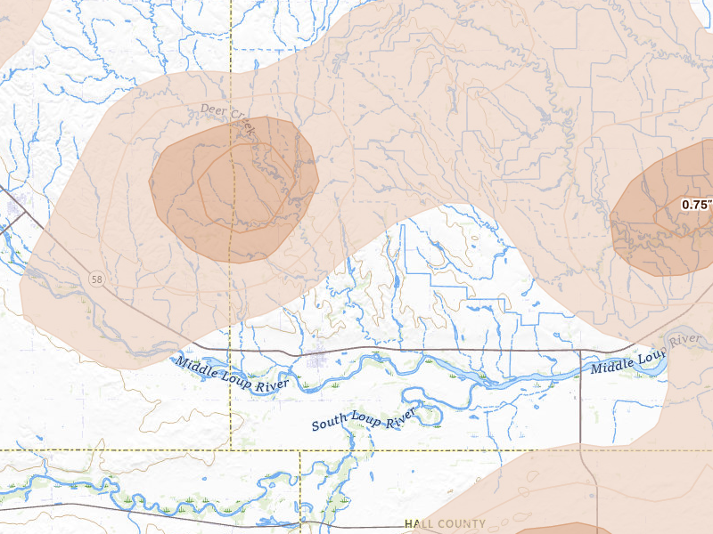 Radar-estimated hail-size map of the storm over Boelus, NE on Jun 5, 2026