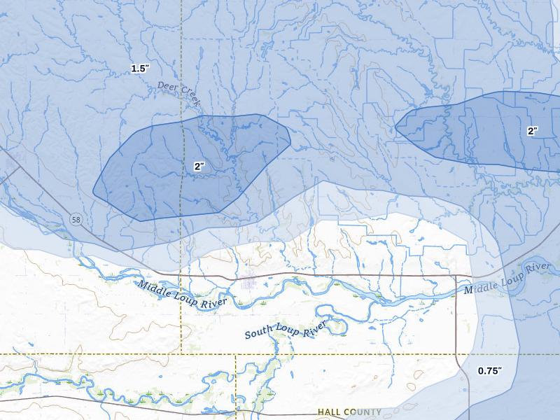 NEXRAD radar-signature map of the hail storm over Boelus, NE on Jun 5, 2026