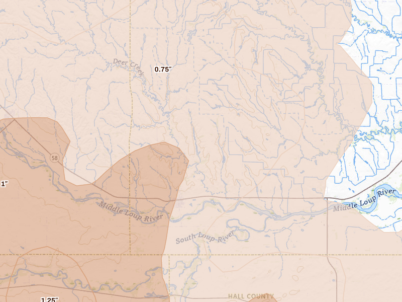 Radar-estimated hail-size map of the storm over Boelus, NE on Jun 20, 2026