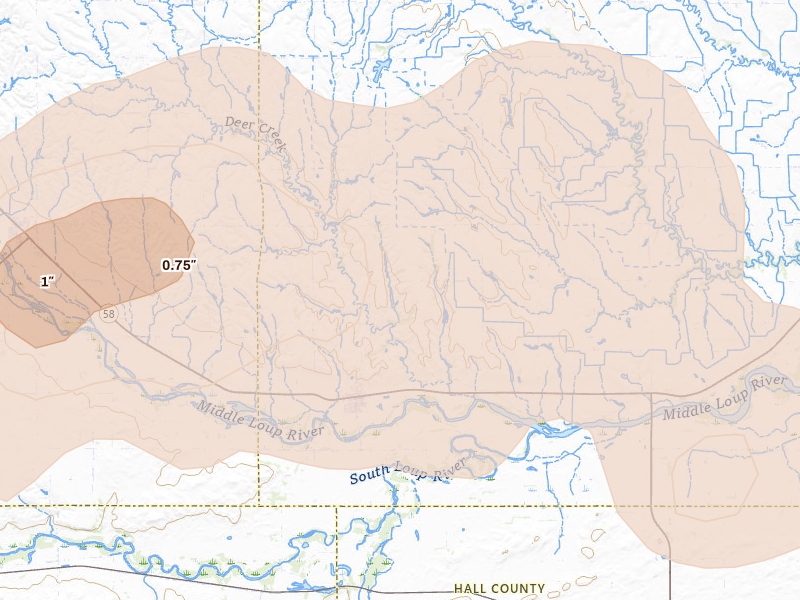 Radar-estimated hail-size map of the storm over Boelus, NE on Aug 8, 2026