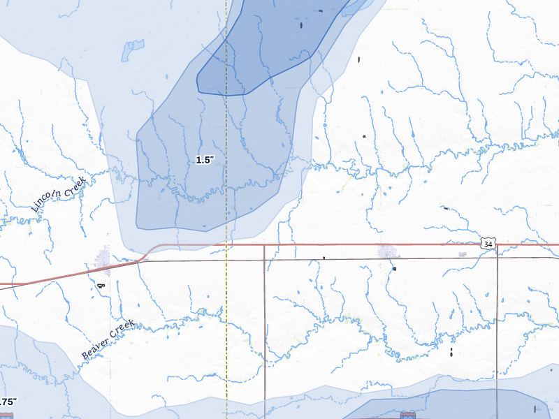 NEXRAD radar-signature map of the hail storm over Bradshaw, NE on May 16, 2026