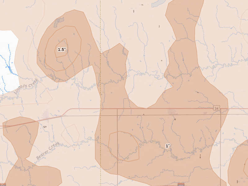 Radar-estimated hail-size map of the storm over Bradshaw, NE on Jun 5, 2026