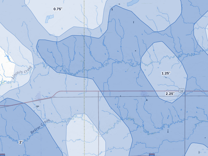 NEXRAD radar-signature map of the hail over Bradshaw, NE