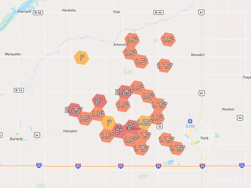 Hail map of Bradshaw, NE on Jun 6, 2026, hail up to 2.25"