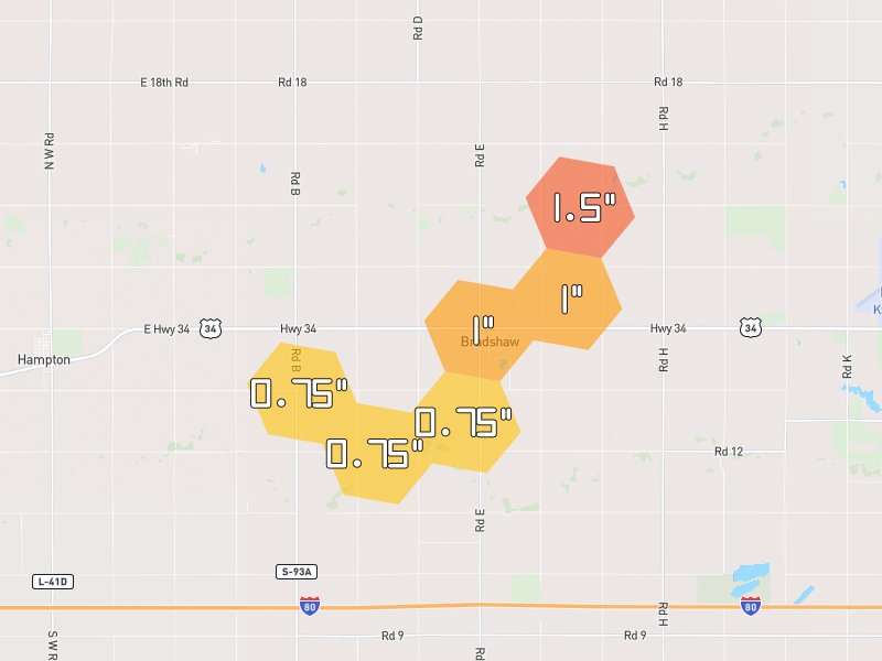 Hail map of Bradshaw, NE on Jul 2, 2026, hail up to 1.5"