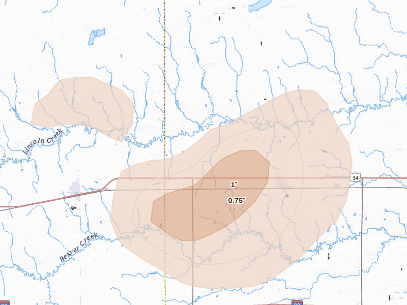 Radar-estimated hail-size map of the storm over Bradshaw, NE on Aug 8, 2026
