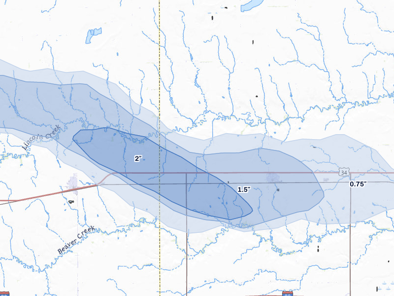 NEXRAD radar-signature map of the hail storm over Bradshaw, NE on Aug 8, 2026