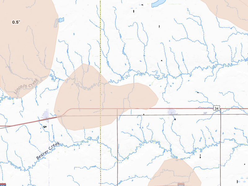 Radar-estimated hail-size map of the storm over Bradshaw, NE on Aug 17, 2026