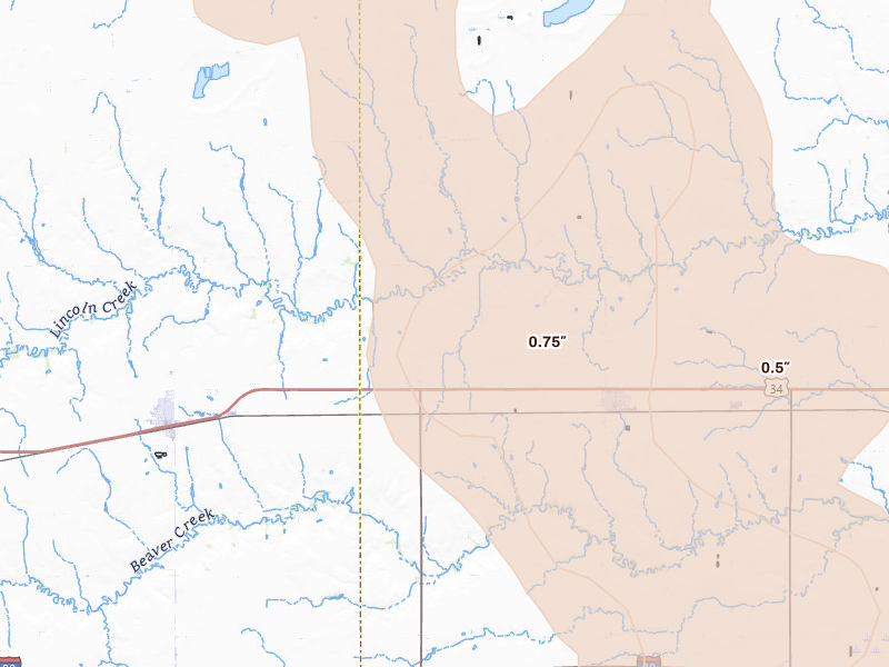 Radar-estimated hail-size map of the storm over Bradshaw, NE on Aug 19, 2026