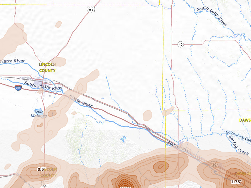 Radar-estimated hail-size map of the storm over Brady, NE on May 16, 2026