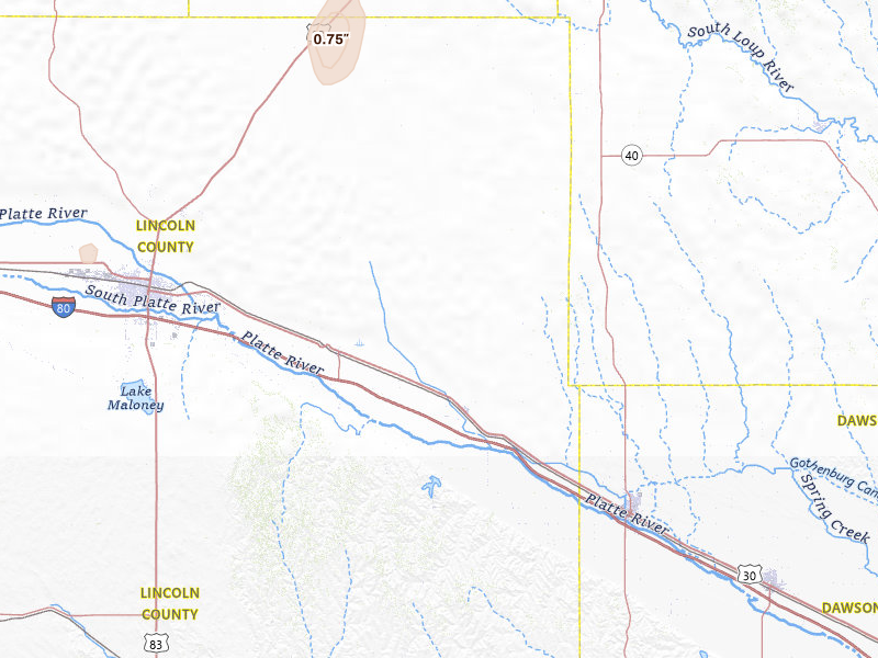 Radar-estimated hail-size map of the storm over Brady, NE on Jun 1, 2026