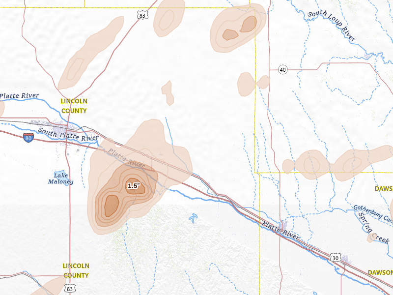 Radar-estimated hail-size map of the storm over Brady, NE on Jun 8, 2026