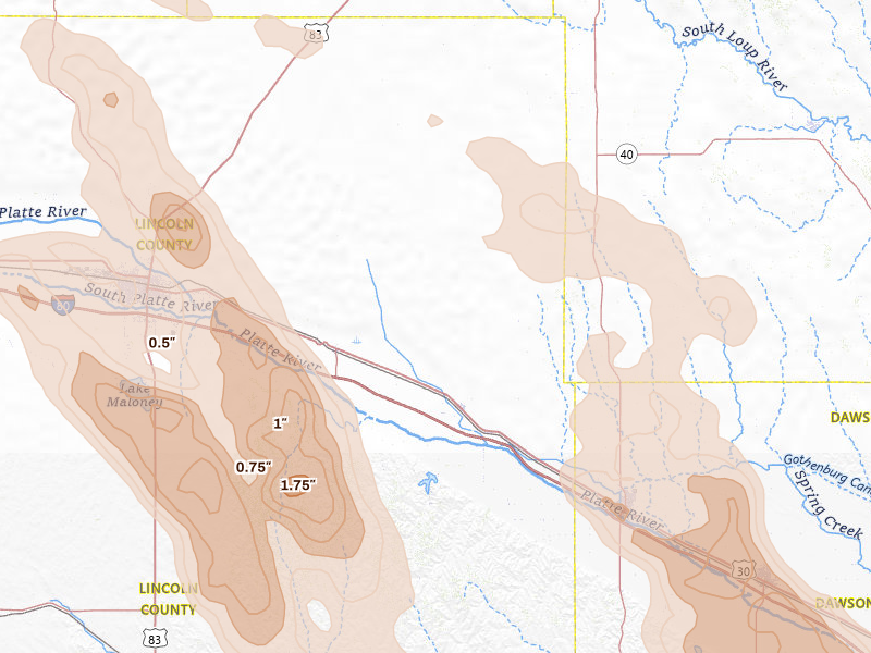 Radar-estimated hail-size map of the storm over Brady, NE on Jun 24, 2026