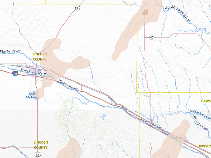 Radar-estimated hail-size map of the storm over Brady, NE on Jul 2, 2026