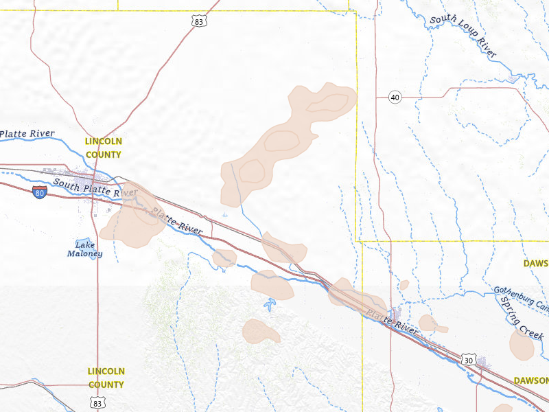 Radar-estimated hail-size map of the storm over Brady, NE on Jul 8, 2026