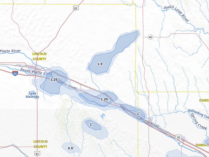 NEXRAD radar-signature map of the hail storm over Brady, NE on Jul 8, 2026
