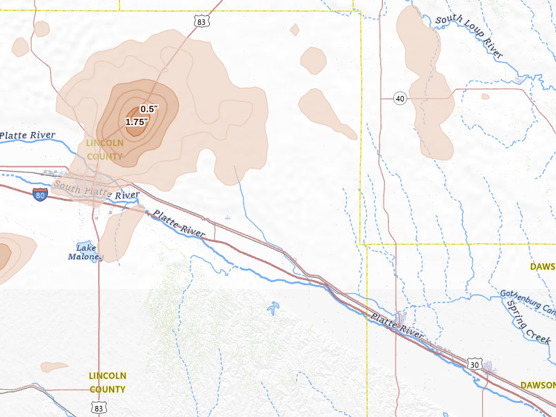 Radar-estimated hail-size map of the storm over Brady, NE on Jul 9, 2026
