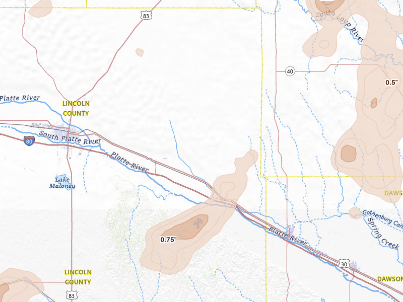 Radar-estimated hail-size map of the storm over Brady, NE on Jul 27, 2026
