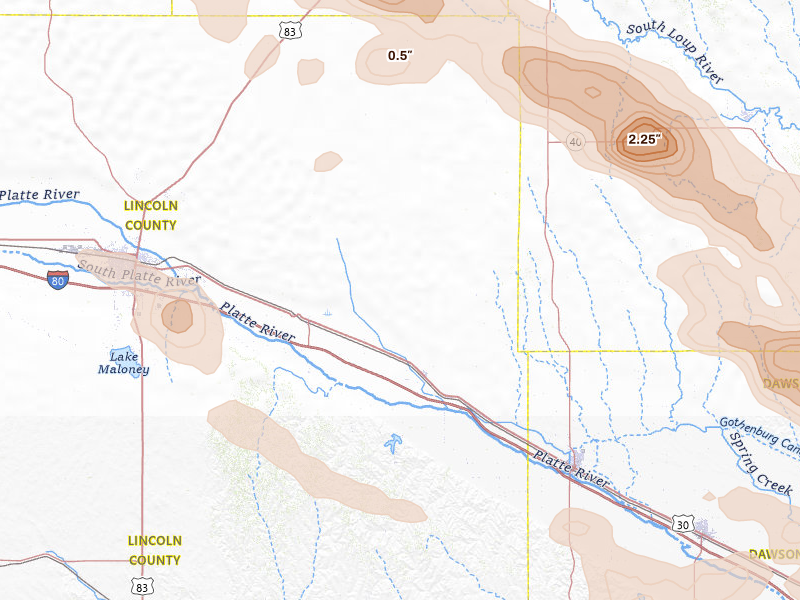 Radar-estimated hail-size map of the storm over Brady, NE on Jul 30, 2026