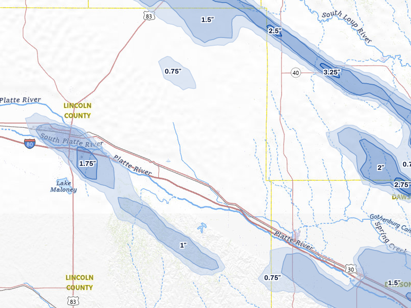 NEXRAD radar-signature map of the hail storm over Brady, NE on Jul 30, 2026