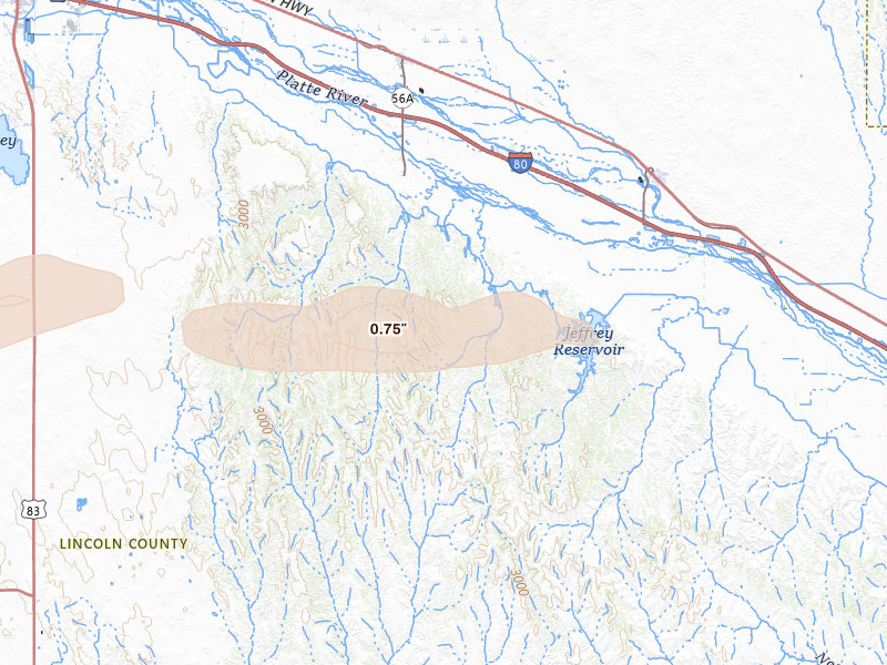 Radar-estimated hail-size map of the storm over Brady, NE on Aug 17, 2026