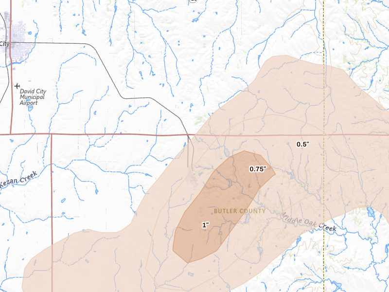 Radar-estimated hail-size map of the storm over Brainard, NE on May 16, 2026
