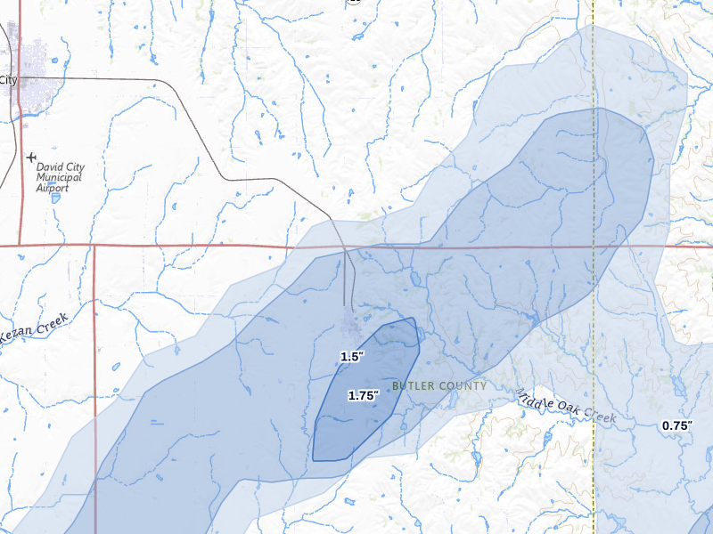 NEXRAD radar-signature map of the hail storm over Brainard, NE on May 16, 2026