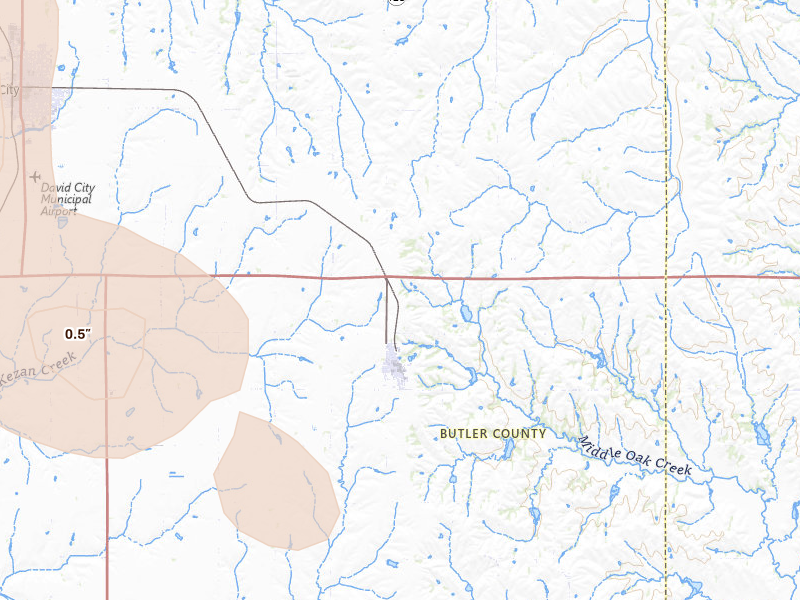 Radar-estimated hail-size map of the storm over Brainard, NE on Aug 19, 2026