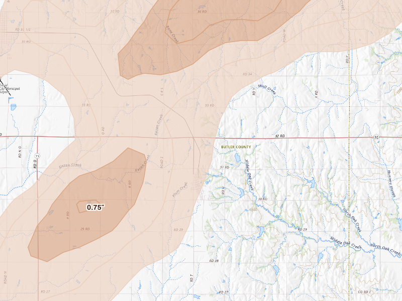 Radar-estimated hail-size map of the storm over Brainard, NE on Sep 13, 2026